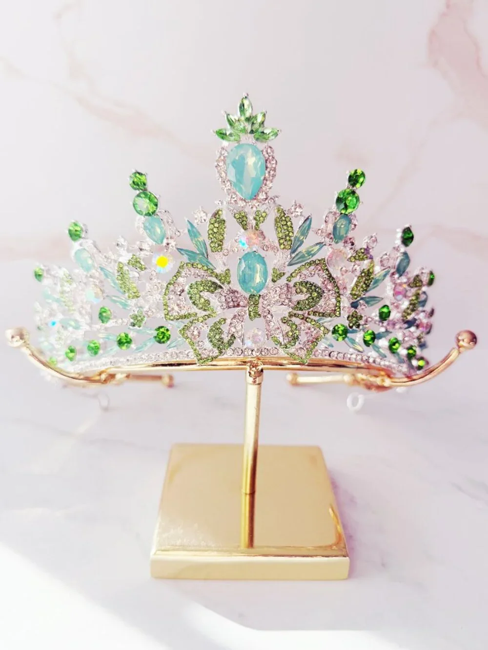 Green Peacock Crystal Tiara, Silver Rhinestone Crown, Wedding Pageant Prom crown